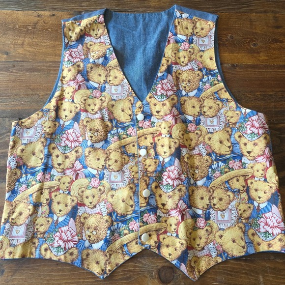 Teddy Bear Novelty Vest Womens Button Up Denim Back Bow Tie Cottagecore teacher - Picture 1 of 5